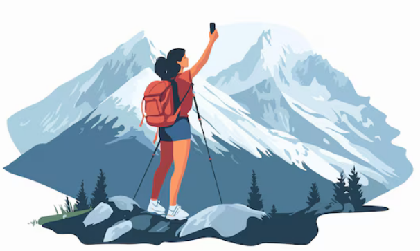 Illustration of a woman trekker taking a selfie in the mountains